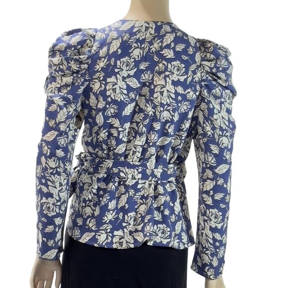 ASTR The LABEL Top Polyester Royal Blue Floral Attached Side Tie Wrap Puffed Gat - Picture 9 of 16
